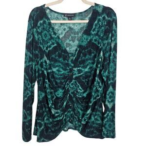 INC International Concepts Top Tie Dye Top V Neck Top Women XL Green Ruched Top